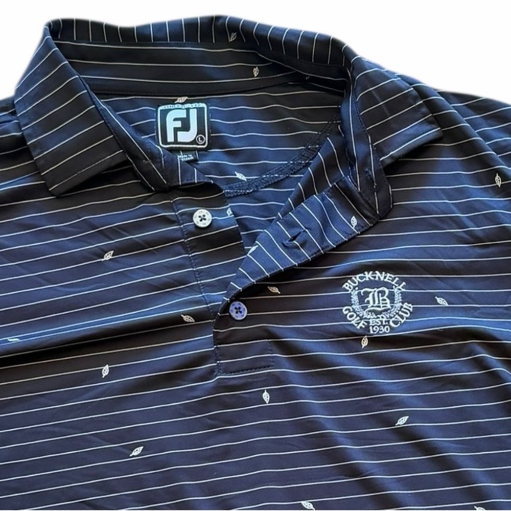 FootJoy Bucknell Golf Club Navy Polo with White Pinstripes and Micro Sail Motifs